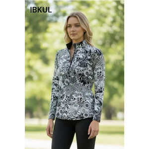 Women's IBKUL Long Sleeve Top Black & White Floral Print